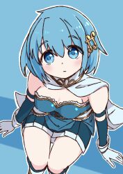 1girl bare_shoulders blue_background blue_skirt blush breasts cape cleavage closed_mouth collarbone commentary_request detached_sleeves dress expressionless gloves hair_between_eyes hair_ornament hairclip highres looking_at_viewer magical_girl mahou_shoujo_madoka_magica mahou_shoujo_madoka_magica_(anime) medium_breasts medium_hair miki_sayaka miki_sayaka_(magical_girl) pleated_skirt short_hair simple_background sitting skirt sleeveless solo thighhighs translation_request white_cape white_gloves