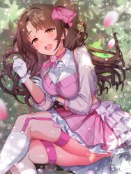 1girl absurdres blazer blush bow breasts brown_eyes brown_hair gloves highres idolmaster idolmaster_cinderella_girls jacket kneehighs long_hair looking_at_viewer medium_breasts natsuya_(natuya777) open_mouth shimamura_uzuki shirt skirt smile socks solo white_gloves white_socks