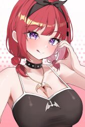 1girl :q absurdres bare_arms bare_shoulders black_choker black_shirt breasts charon_universe choker cleavage closed_mouth domodomo0708 hair_ribbon half-heart_hands hand_up hashtag-only_commentary highres jewelry karin_(charon_universe) large_breasts long_hair looking_at_viewer necklace purple_eyes red_hair ribbon shirt short_twintails sleeveless sleeveless_shirt smile solo spaghetti_strap strap_gap tongue tongue_out twintails two-tone_background upper_body virtual_youtuber white_background