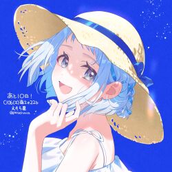 Rule 34 | 1girl, artist name, blue background, blue eyes, blue ribbon, blush, braid, commentary request, dress, gakuen idolmaster, grey hair, hair ribbon, hand up, hat, hat ribbon, highres, idolmaster, katsuragi lilja, looking at viewer, looking to the side, open mouth, pjkuasu, ribbon, ribbon braid, short hair, sidelocks, smile, solo, straw hat, sun hat, sundress, twitter username