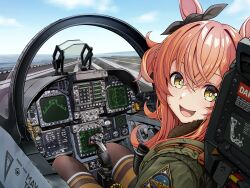 1girl :d absurdres aircraft aircraft_carrier airplane black_pantyhose bomber_jacket brown_eyes cockpit commentary_request controller excited f-18_hornet fighter_jet flight_deck flight_suit fur-trimmed_jacket fur_trim g-suit green_jacket heads-up_display highres horse_girl jacket joystick looking_at_viewer mayano_top_gun_(umamusume) military_uniform military_vehicle navy open_cockpit open_mouth pantyhose patch pilot pilot_suit pilot_uniform runway ship shoulder_patch smile solo tussy umamusume user_interface warship watercraft