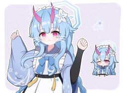 1girl absurdres apron black_dress blue_archive blue_bow blue_bowtie blue_hair blue_halo blue_kimono bow bowtie braid chibi chise_(blue_archive) commentary demon_horns drawn_ears drawn_whiskers dress flower frilled_apron frilled_hairband frills hair_flower hair_ornament hairband halo highres horns japanese_clothes kimono long_hair looking_at_viewer maid maid_apron maid_headdress one_eye_closed red_eyes teeth tonghua_sakana white_apron