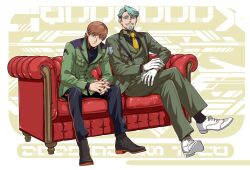 Rule 34 | 2boys, beard, border, brown hair, challia bull, collared shirt, commentary request, copyright name, couch, crossed legs, facial hair, full body, gloves, green eyes, green hair, gundam, gundam gquuuuuux, jacket, long sleeves, looking at viewer, male focus, military jacket, military uniform, mole, mole under mouth, multiple boys, mustache, necktie, nyan co3, on couch, pants, shirt, shoes, short hair, sitting, turtleneck, white border, xavier olivette