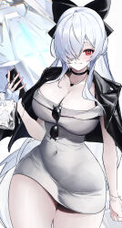 1girl absurdres black_choker black_jacket black_ribbon breasts character_charm charm_(object) choker cinderella_(beautiful_me)_(nikke) cinderella_(nikke) cleavage commentary covered_navel dongtan_dress dress eyewear_hang goddess_of_victory:_nikke grey_dress hair_over_one_eye hair_ribbon heart heart_necklace highres holding holding_phone jacket jacket_on_shoulders jewelry large_breasts meme_attire necklace ninney5 official_alternate_costume one_eye_covered phone red_eyes ribbon simple_background smile solo thighs unworn_eyewear vest white_background