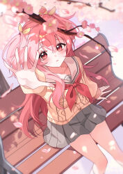 Rule 34 | 1girl, absurdres, arm up, blush, branch, brown cardigan, cardigan, commentary request, feet out of frame, flower, from above, full body, grey skirt, hair between eyes, hair ribbon, highres, kneehighs, long sleeves, looking at viewer, looking up, momoi airi, neckerchief, on bench, parted lips, petals, pink flower, pink hair, pleated skirt, project sekai, puffy long sleeves, puffy sleeves, red eyes, red neckerchief, ribbon, rin (ryne 0303), sailor collar, school uniform, serafuku, sitting, skirt, socks, solo, two side up, white sailor collar, white socks, yellow ribbon