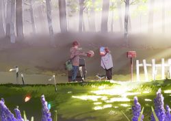 2boys aged_down animal backlighting bag ball basketball basketball_(object) bent_over blanket blue_eyes blue_hair blurry branch breath broken_fence buckle bug butterfly cold dappled_sunlight day denim depth_of_field dog eye_contact fence flower forest from_side full_body gloves grass hana_(dqkmb362) height_difference highres holding holding_ball hood hooded_jacket insect jacket jeans kagami_taiga kuroko_no_basuke kuroko_tetsuya leaf light long_sleeves looking_at_another looking_down luggage mailbox male_focus morning multiple_boys nature outdoors pants plant pocket red_eyes red_hair religious_offering romaji_text scenery standing suitcase sunlight tetsuya_ni_gou tree wide_shot wisteria