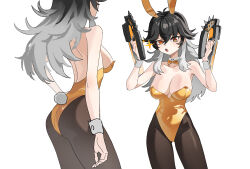 1girl absurdres alternate_costume animal_ears antenna_hair ass bare_shoulders black_hair bow bowtie breasts cleavage collarbone commentary detached_collar english_commentary from_behind goddess_of_victory:_nikke gun hair_between_eyes hand_on_own_hip hands_up highres holding holding_gun holding_weapon k_(nikke) large_breasts leotard long_hair looking_at_viewer messy_hair multicolored_hair open_mouth pantyhose playboy_bunny rabbit_ears rabbit_tail simple_background solo sparkle spikes submachine_gun tail weapon wge white_background white_hair wrist_cuffs yellow_bow yellow_bowtie yellow_leotard