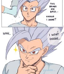 1boy 1girl couple dragon_ball dragon_ball_super dragon_ball_super_super_hero english_text excited excited_for_sex genniax gohan_beast highres husband_and_wife red_eyes smug son_gohan speech_bubble spiked_hair surprised videl white_hair