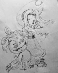Rule 34 | brown eyes, brown hair, digimon, digimon (creature), flower, long hair, monochrome, monster girl, palmon, petals, plant girl, sharp teeth, sketch, tachikawa mimi, teeth, traditional media