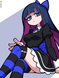 1girl black_dress blue_bow blue_eyes blue_hair blunt_bangs bow breasts colored_inner_hair commentary_request crossed_legs dress hair_bow ji_heeeeeee juliet_sleeves korean_commentary long_hair long_sleeves looking_at_viewer makeup medium_breasts multicolored_hair nail_polish panty_&amp;_stocking_with_garterbelt puffy_sleeves purple_hair simple_background sitting solo stocking_(psg) striped_clothes striped_thighhighs thighhighs very_long_hair
