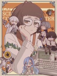 1other 2girls 37_(reverse:1999) 3boys :o adversarial_noise amanatsu_(amanatu5069) black_coat black_hair black_shoes blue_eyes blue_hair border brown_border brown_eyes brown_hair brown_hat clipboard closed_mouth coat colored_tips commentary_request enigma_(reverse:1999) facing_another ferrofluid fishbowl_helmet glasses gloves grey_gloves grey_hair grey_pants grey_sweater hair_between_eyes hand_on_own_cheek hand_on_own_face hat highres holding holding_clipboard holding_paper ibn5100 john_titor_(reverse:1999) jumpsuit long_hair looking_at_viewer looking_down medicine_pocket mini_person mini_person_on_shoulder miniboy minigirl multicolored_hair multiple_boys multiple_girls object_head official_alternate_costume orange_background outside_border pants paper reverse:1999 shaded_face shoes sitting sputnik_(reverse:1999) squiggle sweater ulrich_(reverse:1999) very_long_hair watermark white_coat white_gloves white_hair white_jumpsuit x_(reverse:1999) yellow_eyes