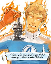 1boy blonde_hair blue_bodysuit bodysuit character_charm character_doll charm_(object) commentary doll english_commentary english_text fantastic_four fire grin highres holding johnny_storm labubu marvel marvel_cinematic_universe matomai meme silver_surfer smile sparkle superhero_costume the_fantastic_four:_first_steps two-tone_bodysuit