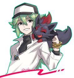 1boy black_undershirt cropped_torso gen_5_pokemon green_hair grey_eyes hat highres long_hair long_sleeves male_focus mipokec n_(pokemon) nintendo on_shoulder pokemon pokemon_(creature) pokemon_bw pokemon_on_shoulder shirt smile twitter_username upper_body white_background white_shirt zorua
