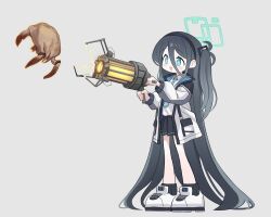 1girl aris_(blue_archive) black_hair black_hairband black_skirt blue_archive blue_eyes blue_necktie gravity_gun grey_background hair_between_eyes hairband half-life half-life_(series) half-life_2 halo headcrab highres holding holding_weapon jacket ketsu_juuji_killer_(kejuki) long_hair long_sleeves necktie open_clothes open_jacket shirt shoes simple_background skirt sneakers standing very_long_hair weapon white_footwear white_jacket white_shirt