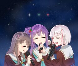 Rule 34 | 3girls, :d, absurdres, aqua neckerchief, asterism (love live!), black choker, bob cut, brown dress, brown hair, choker, closed eyes, commentary request, dress, fujishima megumi, grey hair, hair bun, hair ornament, hasu no sora school uniform, highres, holding, holding microphone, inverted bob, link! like! love live!, long hair, long sleeves, love live!, lyrics, microphone, multicolored hair, multiple girls, music, neckerchief, night, night sky, open mouth, otomune kozue, profile, purple hair, red hair, sailor collar, sailor dress, school uniform, short hair, side ponytail, sidelocks, sideways mouth, singing, single side bun, sky, smile, star (sky), star (symbol), star hair ornament, starry sky, starry sky background, streaked hair, tetetsu, two side up, u u, upper body, virtual youtuber, white sailor collar, winter uniform, yugiri tsuzuri