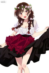 Rule 34 | 1girl, :d, absurdres, anime coloring, apron, artist request, black skirt, blush, braid, breasts, brown eyes, brown hair, cleavage, collarbone, copyright name, copyright notice, flower, hair flower, hair ornament, hair over shoulder, head wreath, highres, kanojo okarishimasu, large breasts, long hair, long skirt, looking at viewer, magazine scan, megami magazine, mizuhara chizuru, official alternate hairstyle, official art, open mouth, red apron, scan, see-through clothes, see-through sleeves, shade, short sleeves, simple background, skirt, skirt hold, smile, solo, swept bangs, third-party source, twin braids, waist apron, white background