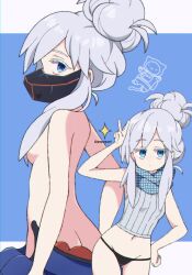 1girl ass blue_background blue_eyes breasts butt_crack deux_murasame gundam gundam_gquuuuuux hair_bun highres long_hair looking_at_viewer mask medium_breasts navel panties popo_(popopuri) scarf shirt simple_background solo sparkle t-shirt underwear undressing v white_hair