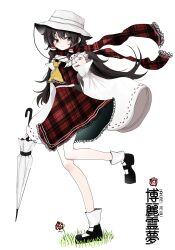 1girl absurdres ascot black_hair black_shoes brown_eyes bucket_hat character_name closed_mouth commentary detached_sleeves english_commentary flower full_body grass hakurei_reimu hat highres holding holding_umbrella long_sleeves mary_janes ougiikun plaid_clothes plaid_scarf plaid_shirt plaid_skirt red_flower red_rose red_scarf red_shirt red_skirt rose scarf shirt shoes sideways_glance simple_background skirt sleeveless sleeveless_shirt sleeves_past_fingers sleeves_past_wrists socks solo standing standing_on_one_leg touhou umbrella unmoving_pattern white_background white_hat white_sleeves white_socks wide_sleeves yellow_ascot