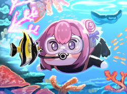Rule 34 | :3, black wetsuit, bodysuit, creature, diving mask, diving regulator, diving suit, doro (nikke), flippers, flower-shaped hair, goddess of victory: nikke, goggles, hair between eyes, hair bun, hair intakes, highres, meme, open mouth, oxygen tank, pink hair, purple eyes, scuba, scuba gear, scuba tank, shiny eyes, smile, vincentsu, wetsuit