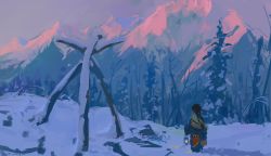 1girl black_hair blue_cloak braid cloak commentary_request flower forest grave holding holding_lantern lantern long_hair mountain nature original outdoors red_flower scenery snow solo tree twin_braids wide_shot xilmo