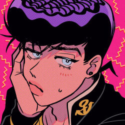 1boy anchor_ornament anchor_symbol black_hair black_jacket blush diamond_wa_kudakenai half-closed_eyes halftone hand_on_own_face higashikata_josuke highres jacket jojo_no_kimyou_na_bouken looking_at_viewer pink_background pompadour portrait solo sweatdrop t_0nd white_eyes