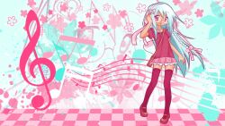 blue_background blue_hair bow brown_shoes checkered_floor dark-skinned_female dark_skin frilled_skirt frills hair_between_eyes hair_bow hair_ornament long_hair mugi44i musical_note open_mouth pink_eyes pink_skirt shoes skirt thighhighs