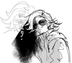 1boy aotsuki_eito glasses greyscale highres japanese_text long_hair looking_at_viewer male_focus monochrome parted_hair simple_background sketch smile solo solo_focus sunglasses the_hundred_line_-last_defense_academy- translation_request white_background