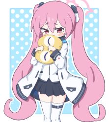 1girl blue_archive halo jacket koyuki_(blue_archive) long_hair looking_at_viewer pink_eyebrows pink_eyes pink_hair polka_dot polka_dot_background school_uniform skirt socks solo twintails umihio very_long_hair white_socks