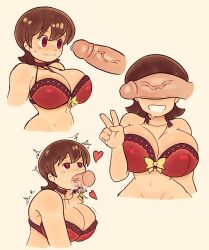 Rule 34 | 1boy, 1girl, aioi yuuko, bow, bra, breasts, brown hair, choker, cleavage, cropped torso, cum, cum in mouth, disembodied penis, dozo gon, fellatio, from side, hand up, heart, heart-shaped pupils, hetero, highres, huge breasts, multiple views, navel, nichijou, oral, penis, penis on face, penis over eyes, purple choker, purple eyes, red bra, short hair, simple background, symbol-shaped pupils, teeth, underwear, v, veins, veiny penis, yellow background, yellow bow