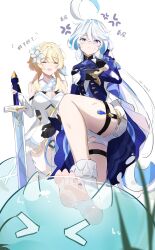 Rule 34 | &gt; &lt;, 2girls, absurdres, ahoge, anger vein, asymmetrical gloves, bare shoulders, barefoot, black gloves, blonde hair, blue eyes, blue hair, blue jacket, blue nails, breasts, cleavage, closed eyes, closed mouth, commentary request, dated, dress, drop-shaped pupils, frown, furina (genshin impact), genshin impact, gloves, hand on hilt, heterochromia, highres, huge ahoge, hydro slime (genshin impact), injury, jacket, large breasts, long hair, lumine (genshin impact), mismatched gloves, multicolored hair, multiple girls, nail polish, open mouth, ouji fashion, planted, planted sword, planted weapon, scratches, short hair with long locks, silver sword (genshin impact), simple background, slime (creature), slime (genshin impact), soles, stomping, streaked hair, sword, symbol-shaped pupils, toenail polish, toenails, translation request, very long hair, voi 271, weapon, white background, white dress, white gloves, white hair