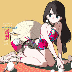 1girl ajirogasa bare_shoulders black_hair black_shorts breasts commentary_request dated earrings egg english_text full_body green_eyes hat highres jewelry long_hair looking_to_the_side low-tied_long_hair original pink_shirt sandals seiza shirt shorts signature simple_background sitting sleeveless sleeveless_shirt small_breasts solo tennohi unworn_hat unworn_headwear wristband yellow_background