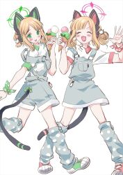 Rule 34 | 2girls, :d, ^ ^, animal ear headphones, animal ears, black tail, blonde hair, blue archive, blunt bangs, blush, bow, cat ear headphones, cat ears, cat hair ornament, cat tail, closed eyes, collared shirt, contrast collar, double bun, eyebrows hidden by hair, facing viewer, fake animal ears, fake tail, food, green bow, green halo, green ribbon, green shoes, green trim, grey socks, hair bun, hair ornament, halo, hand up, hands up, happy, headphones, highres, holding, holding food, holding ice cream, ice cream, legs apart, looking at viewer, loose socks, midori (blue archive), momoi (blue archive), multiple girls, official alternate costume, official alternate hairstyle, open hand, open mouth, overall shorts, overall skirt, overalls, palms, parted bangs, pink halo, pink ribbon, pink shoes, pink trim, polka dot, polka dot legwear, polka dot ribbon, polka dot socks, ribbon, running, shirt, shoes, short hair, short sleeves, short twintails, siblings, sidelocks, simple background, sisters, smile, socks, spread fingers, standing, strap slip, tail, tail bow, tail ornament, teeth, twins, twintails, unitesouji, upper teeth only, v-shaped eyebrows, white background, white shirt, wrist ribbon