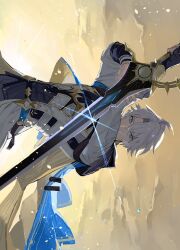 1boy absurdres antenna_hair armor black_gloves black_shirt blue_cape blue_eyes cape coat glint gloves hashtag-only_commentary highres holding holding_sword holding_weapon honkai:_star_rail honkai_(series) looking_at_viewer male_focus orange_sky pauldrons phainon_(honkai:_star_rail) rabbi_tao shirt short_hair shoulder_armor sideways single_glove single_pauldron sky solo sword weapon white_coat white_hair