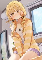 1girl bed bedroom between_legs black_bow blonde_hair blush bow bow_camisole braid braided_twintails camisole cardigan closed_mouth commentary_request cowboy_shot day dolphin_shorts embarrassed fujita_kotone gakuen_idolmaster hair_bow hair_over_shoulder hand_between_legs highres idolmaster kneehighs long_hair looking_at_viewer mirror monobe_tsukuri off_shoulder on_bed open_cardigan open_clothes pearl_hair_ornament pillow purple_shorts short_shorts shorts sitting socks solo spaghetti_strap strap_slip striped_cardigan striped_clothes striped_socks sweat v-shaped_eyebrows wavy_mouth white_camisole window yellow_cardigan yellow_eyes yellow_socks