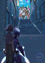 2boys 2girls absurdres amethio_(pokemon) balloon black_gloves black_hair black_pants blurry breast_pocket brown_jacket brown_skirt building ceruledge cloud collared_shirt commentary_request confetti day dot_(pokemon) gen_9_pokemon gloves grey_shirt hair_ornament hairclip hat highres holding holding_phone jacket lamppost liko_(pokemon) long_sleeves meowscarada multicolored_hair multiple_boys multiple_girls necktie nintendo orange_necktie orange_shorts outdoors pants phone pocket pokemon pokemon_(anime) pokemon_(creature) pokemon_horizons purple_hair roy_(pokemon) school_uniform shirt short_hair short_sleeves shorts signature skirt sky socks stairs standing striped_clothes striped_shorts two-tone_hair uminosumi_dai vertical-striped_clothes vertical-striped_shorts vest white_shirt white_socks window