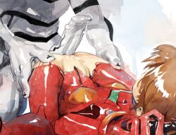 1boy 1girl alternate_size ass bad_tag blue_eyes bodysuit breasts butterchalk erection grabbing_another&#039;s_ass groping hetero huge_penis imminent_penetration interspecies large_penis loli long_hair long_tongue mass_production_eva mecha_pilot_suit monster monster_boy neon_genesis_evangelion orange_hair penis plugsuit_(evangelion) precum pussy pussyjob red_bodysuit sex shiny_skin simple_background sketch small_breasts souryuu_asuka_langley spread_legs the_end_of_evangelion tongue torn_bodysuit torn_clothes uncensored veins veiny_penis white_background wide_hips