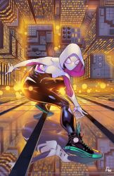 1girl black_bodysuit bodysuit building city gwen_stacy highres hood hooded_bodysuit looking_at_viewer marvel multicolored_bodysuit night outdoors paris_alleyne pink_bodysuit reflection signature skyscraper solo spider-gwen spider-man_(series) superhero_costume white_bodysuit