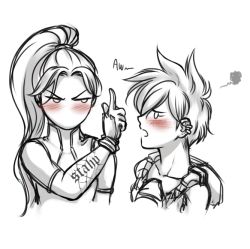 2girls arm_tattoo blush breasts collarbone gloves monochrome multiple_girls murasaki-yuri overwatch overwatch_1 ponytail short_hair tattoo tracer_(overwatch) upset widowmaker_(overwatch) yuri