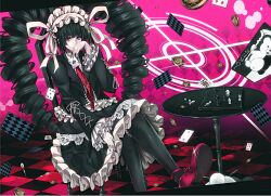Rule 34 | 1girl, argyle background, black hair, black jacket, black leggings, black nails, board game, bonnet, card, celestia ludenberg, checkered floor, chess, chess piece, chessboard, coin, danganronpa (series), drill hair, frills, gold coin, gothic lolita, highres, izayoi-saki, jacket, leggings, lolita fashion, long hair, long sleeves, looking at viewer, monokuma, nail polish, necktie, pink background, playing card, red eyes, red shoes, shoes, smile, solo, spade (shape), table, target, twin drills