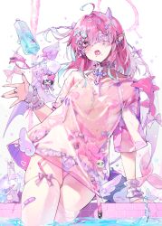 1boy absurdres ahoge aqua_hair arm_support bandaid blush bow choker commentary demon demon_boy demon_tail demon_wings eita_789 eyelashes eyepatch fangs frilled_choker frills hair_between_eyes heart_pasties highres horns looking_at_viewer medium_hair multicolored_hair open_mouth original pasties piercing pink_eyes pink_hair pink_horns pointy_ears pool see-through_clothes see-through_shirt shiny_clothes shiny_skin shirt skindentation snakebite_(piercing) spiked_choker spiked_ear_piercing spikes streaked_hair tail tail_bow tail_ornament thighhighs thighs tongue_piercing trap twitter_username two-tone_hair water water_drop white_thighhighs wings wrist_cuffs