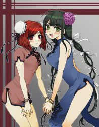 2girls alternate_costume bare_shoulders black_hair blush breasts bun_cover chabashira_tenko china_dress chinese_clothes commentary_request danganronpa_(series) danganronpa_v3:_killing_harmony double_bun dress eyelashes from_side green_eyes green_hair grey_background hair_bun hair_ornament hair_ribbon height_difference holding_hands long_hair looking_at_viewer low_twintails mole mole_under_mouth multiple_girls open_mouth pelvic_curtain red_eyes red_hair ribbon short_dress short_hair side_slit sleeveless sleeveless_dress smile suzuko_(katahaba_v3) twintails very_long_hair yumeno_himiko