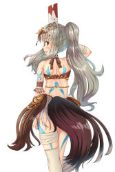1girl alternate_costume asymmetrical_legwear ayanami_(azur_lane) azur_lane bandages bare_shoulders dastar_(mwelt1390) from_behind headgear long_hair looking_at_viewer looking_back silver_hair simple_background single_thighhigh solo tail tattoo thighhighs tribal uneven_legwear white_background white_thighhighs yellow_eyes