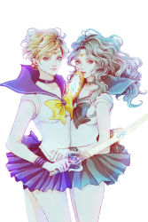 2girls aco_(usausausa) aqua_bow aqua_hair aqua_skirt bishoujo_senshi_sailor_moon blonde_hair blue_sailor_collar blue_skirt bow choker circlet cowboy_shot deep_aqua_mirror floating_hair kaiou_michiru light_smile mirror multiple_girls neptune_symbol outer_senshi parted_lips pleated_skirt sailor_collar sailor_neptune sailor_senshi sailor_uranus short_hair skirt space_sword ten&#039;ou_haruka uranus_symbol very_short_hair wavy_hair white_background wind yellow_bow