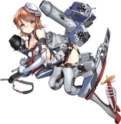 1girl black_sailor_collar black_skirt brown_eyes brown_hair dixie_cup_hat elbow_gloves flipped_hair full_body gloves grey_shirt grey_thighhighs hat headgear kantai_collection looking_at_viewer machinery military_hat miniskirt neckerchief official_art red_neckerchief richard_p._leary_(kancolle) rudder_footwear sailor_collar sailor_shirt school_uniform serafuku shirt short_hair skirt smokestack solo standing thighhighs torn_clothes transparent_background white_gloves white_hat zeco