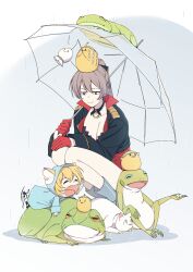 2girls absurdres aged_down animal animal_ears animal_hood animal_on_head azur_lane baby_animal bird black_choker black_jacket blonde_hair boots breasts brown_hair cat cat_ears cat_on_head chick choker cleavage closed_eyes closed_mouth collarbone frog gloves hair_between_eyes half_gloves hatski.sin high_ponytail highres holding holding_umbrella hood jacket jean_bart_(azur_lane) kindergarten_uniform long_hair long_sleeves manjuu_(azur_lane) medium_breasts multiple_girls o-ring o-ring_choker on_head open_mouth oscar_(azur_lane) ponytail rain raincoat red_gloves rubber_boots shorts simple_background sleeve_cuffs smile snail squatting tail teruterubouzu umbrella white_background