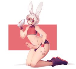 1boy absurdres animal_ears bottle bulge rabbit_ears erection glasses grey_hair gym_shorts highres huge_penis male_focus midriff penis piercing pubic_hair red_eyes shorts solo sports_bra suelix tail taiyo_akari tattoo trap water_bottle wristband