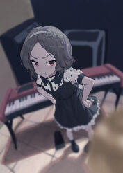 1girl :t absurdres black_dress blurry chiyo_kami closed_mouth commentary_request depth_of_field dress ebizuka_tomo from_above girls_band_cry grey_hair hands_on_own_hips highres indoors instrument looking_at_viewer looking_up organ_(instrument) pout puffy_short_sleeves puffy_sleeves red_eyes short_hair short_sleeves solo speaker standing