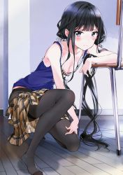 1girl 3: adagaki_aki areola_slip bare_shoulders black_eyes black_hair black_pantyhose blunt_bangs blush breasts brown_skirt camisole chair clothes_pull collarbone downblouse embarrassed highres indoors long_hair looking_at_viewer low_twintails masamune-kun_no_revenge no_bra no_shoes on_one_knee open_clothes open_skirt pantyhose plaid_clothes plaid_skirt raised_eyebrow school_uniform seamed_legwear skirt skirt_pull sleeveless small_breasts solo thighband_pantyhose tiv twintails very_long_hair