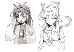 1girl :3 ahoge awa_subaru blush commentary_request drawn_ears drawn_tail fang girls_band_cry greyscale index_finger_raised korean_commentary long_hair monochrome multiple_views nn_naenn one_eye_closed open_mouth parted_bangs sidelocks simple_background upper_body white_background