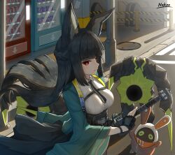 1girl animal_ear_fluff animal_ears aqua_jacket bangboo_(zenless_zone_zero) black_hair black_necktie blunt_bangs closed_mouth collared_shirt eous_(zenless_zone_zero) ethereal_(zenless_zone_zero) fox_ears fox_girl highres holding holding_sword holding_weapon hoshimi_miyabi jacket katana long_hair necktie nokoo open_clothes open_jacket outdoors red_eyes shirt sword weapon white_shirt zenless_zone_zero